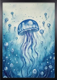 Premiumposter, schwarzer Rahmen, mit einem grafischen Motiv einer blauen Qualle - Jellyfish.