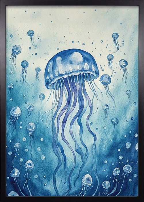 Premiumposter, schwarzer Rahmen, mit einem grafischen Motiv einer blauen Qualle - Jellyfish.