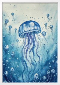 Premiumposter, weißer Rahmen, mit einem grafischen Motiv einer blauen Qualle - Jellyfish.
