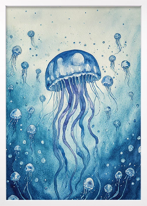 Premiumposter, weißer Rahmen, mit einem grafischen Motiv einer blauen Qualle - Jellyfish.