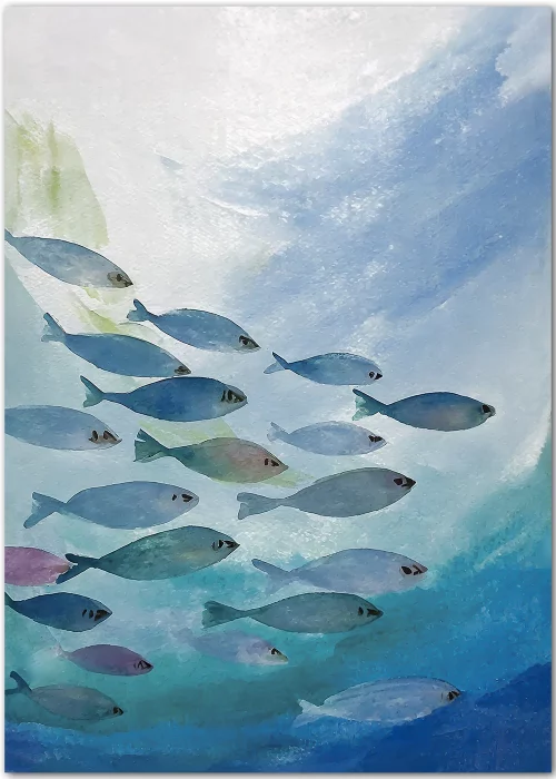 Premiumposter, grafisches Motiv mit schillernden Fischen im Meer.