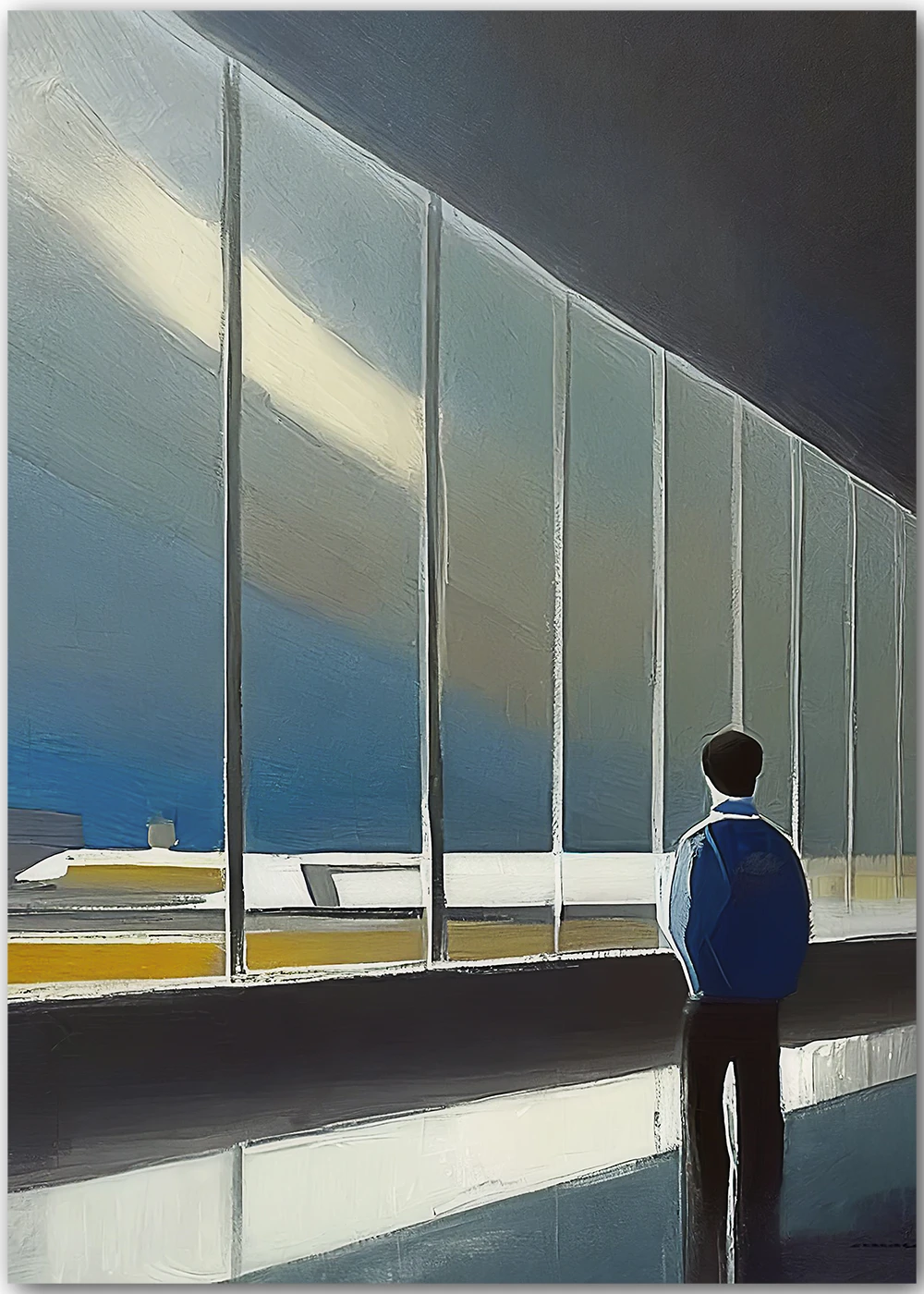 Poster mit einem Reisenden der aus einem Flughafenterminal blickt. Poster mit einem Reisenden der aus einem Flughafenterminal blickt.