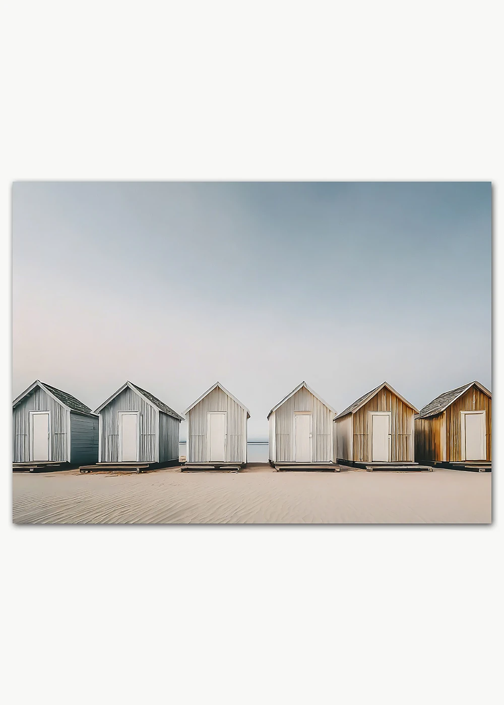 Poster mit Hütten am Strand, surreale Stimmung mit KI-Kunst.
