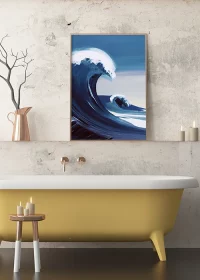 Inspiration in einem Badezimmer – Poster mit einer großen Welle im Stil eines Acrylgemäldes.