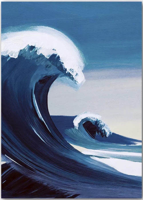 Poster mit einer großen Welle im Stil eines Acrylgemäldes.