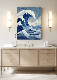 Inspiration im Badezimmer – Poster mit einer großen Welle inspiriert von Hokusai.