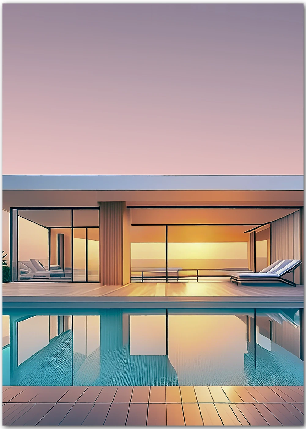 Ein surreales Poolhaus an einem Swimmingpool am Meer.