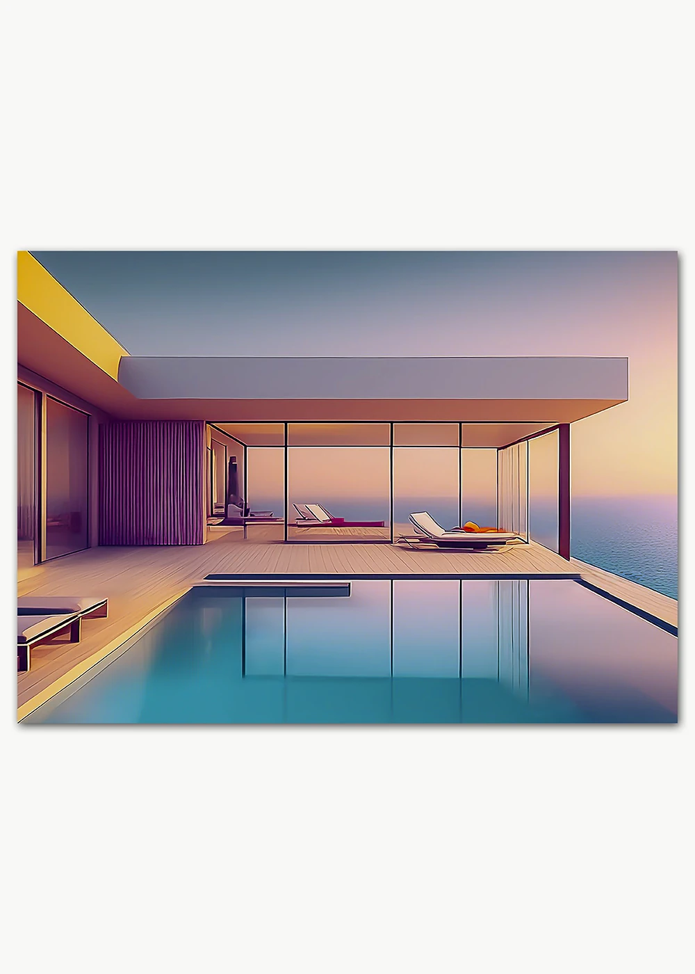 Poster mit einem surrealen Bungalow am Pool mit Blick auf das Meer.