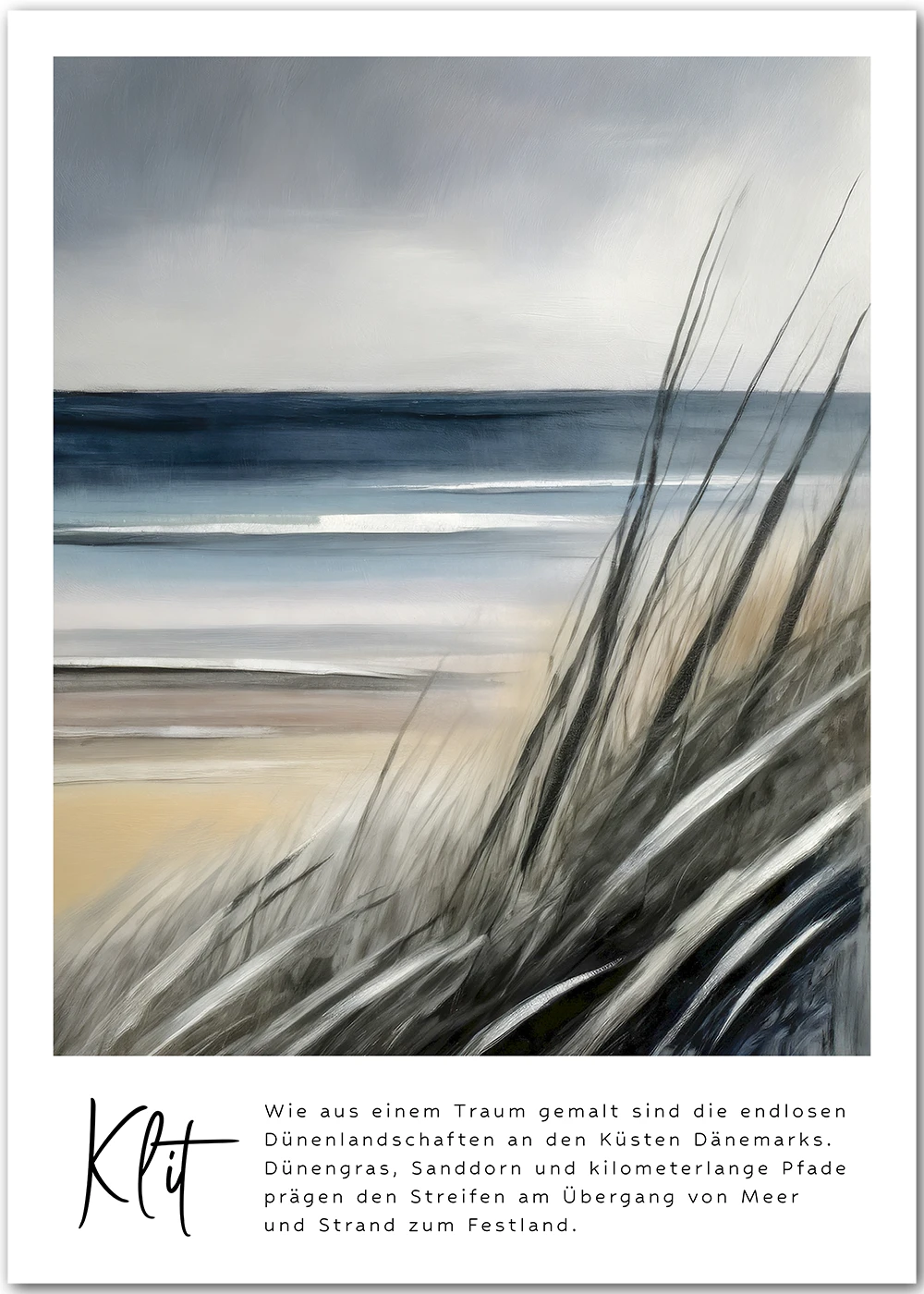 Klit – ein Poster mit Dünengras, Strand und Meer.