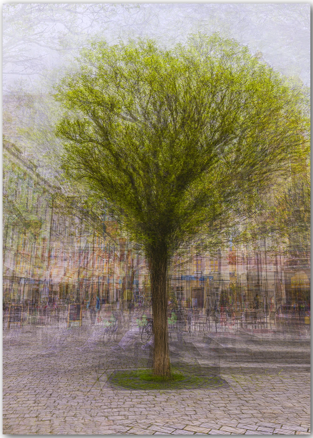 Impressionistisches Wandbild mit einem Baum in der Stadt Impressionistisches Wandbild mit einem Baum in der Stadt
