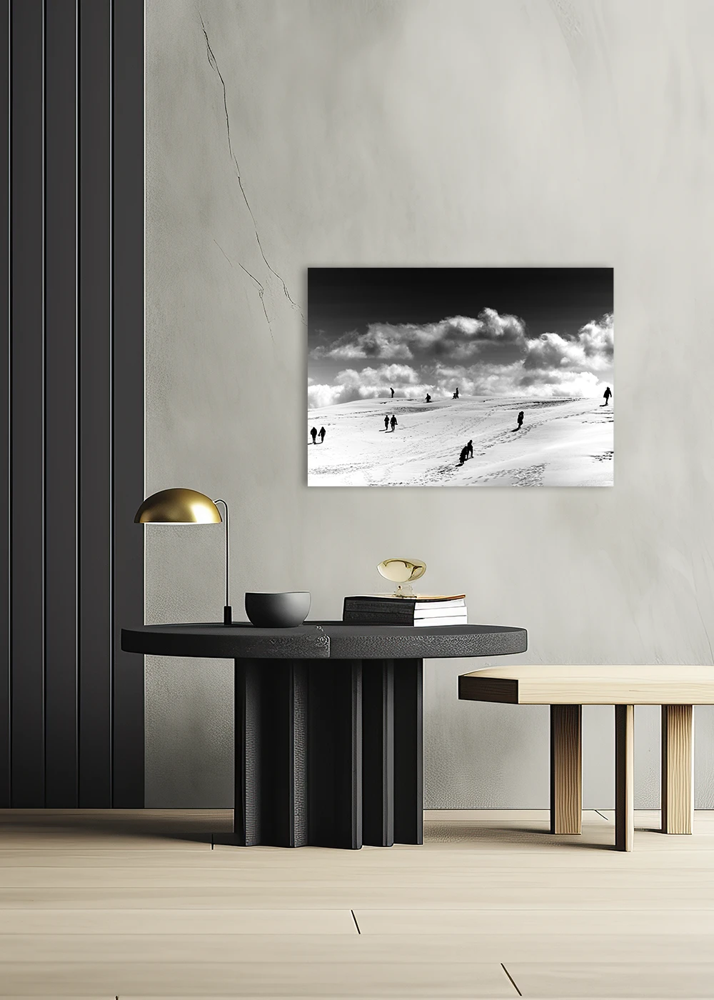 Inspiration Diele: Schwarz-Weiße Kunstfotografie mit Menschen auf einer Wanderdüne als Gallery-Print Inspiration Diele: Schwarz-Weiße Kunstfotografie mit Menschen auf einer Wanderdüne als Gallery-Print