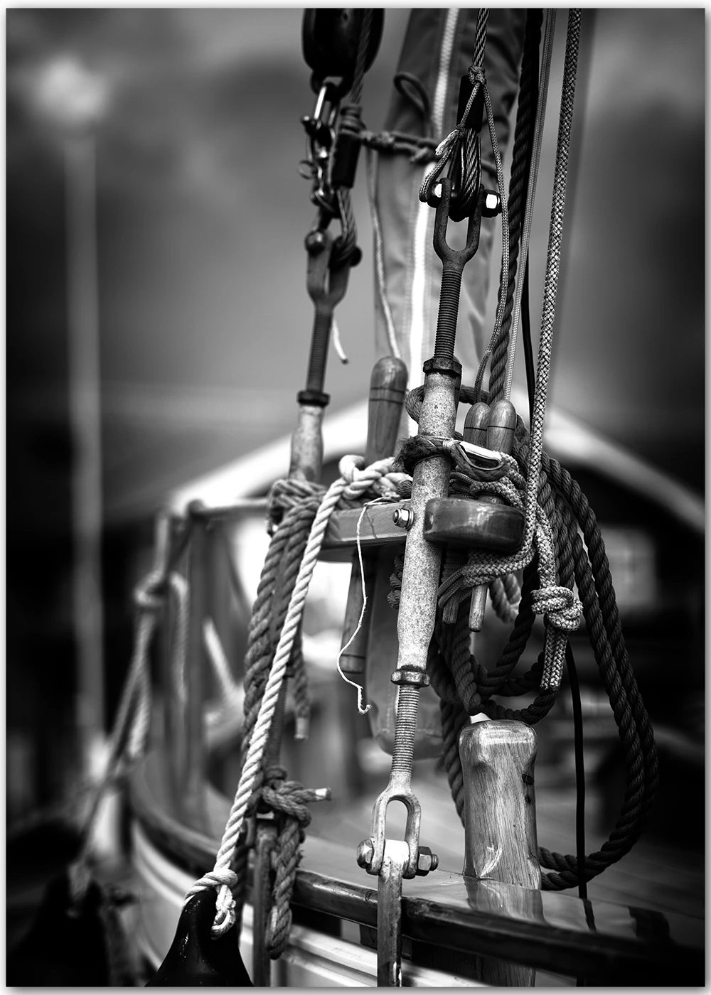 Detailfoto einer Takelage in Schwarz-Weiß